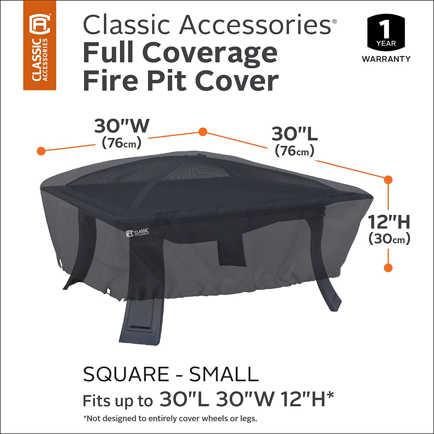 Classic Accessories Water-Resistant 30 Inch Square Fire Pit Cover, Outdoor Firepit Cover