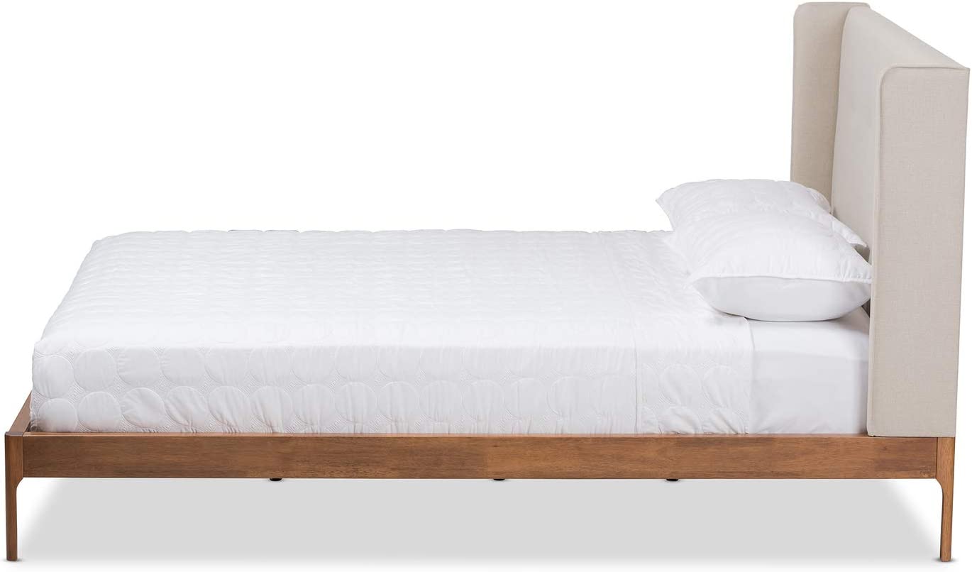 Baxton Studio Brooklyn Queen Size Platform Bed/Light Beige/Mid-Century/Fabric Polyester 100%&#34;/MDF/LVL/Rubber Wood/Foam