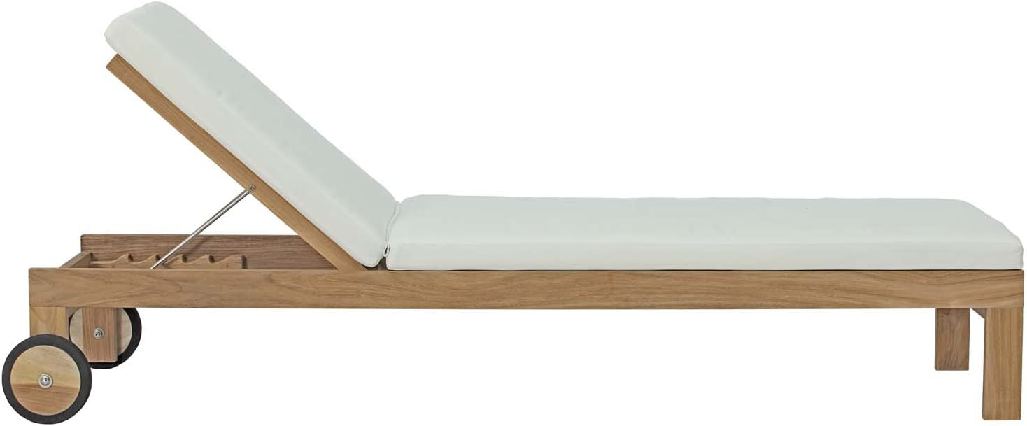 Modway Upland Teak Wood Outdoor Patio Chaise Lounge Chair with Cushions in Natural White