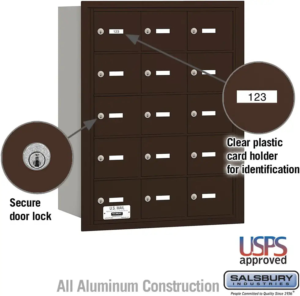 Salsbury Industries 3615ZRU 4B Plus Horizontal Mailbox, 15 A Doors, Rear Loading, USPS Access, Bronze