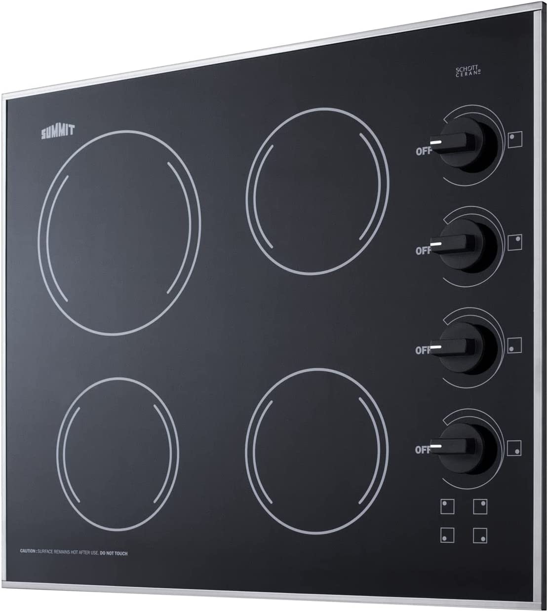 Summit CR425BL 24&#34;&#34; Electric Cooktop with 4 Elements Schott Ceran Surface Push to Turn Knobs Stainless Steel Trim 230 Volt Operation in Black