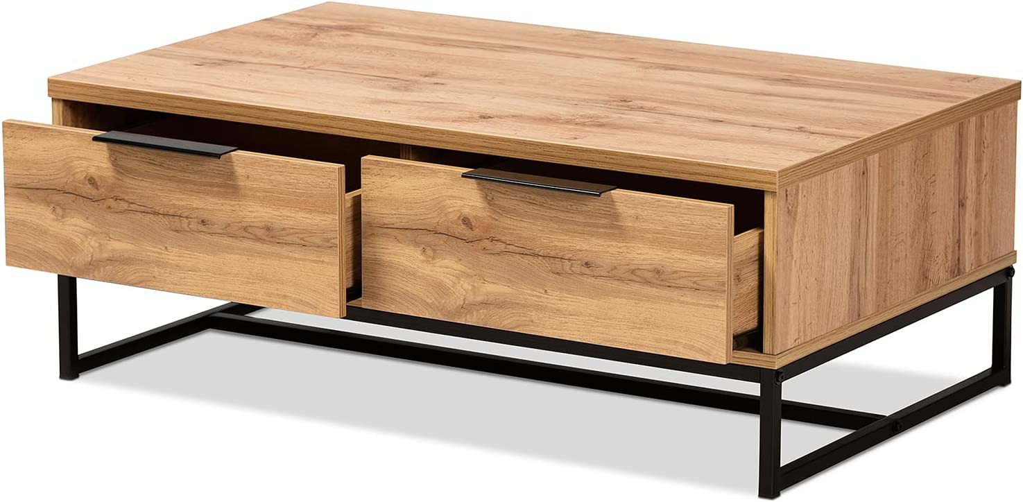 Baxton Studio Franklin Modern and Contemporary Oak Brown Finished Wood and Black Finished Metal 2-Drawer Coffee Table