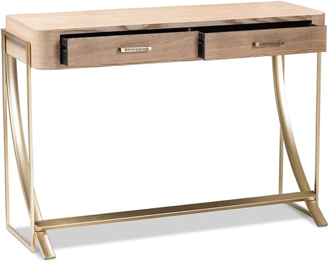 Baxton Studio Lafoy Modern and Contemporary Natural Brown Finished Wood and Gold Finished 2-Drawer Console Table