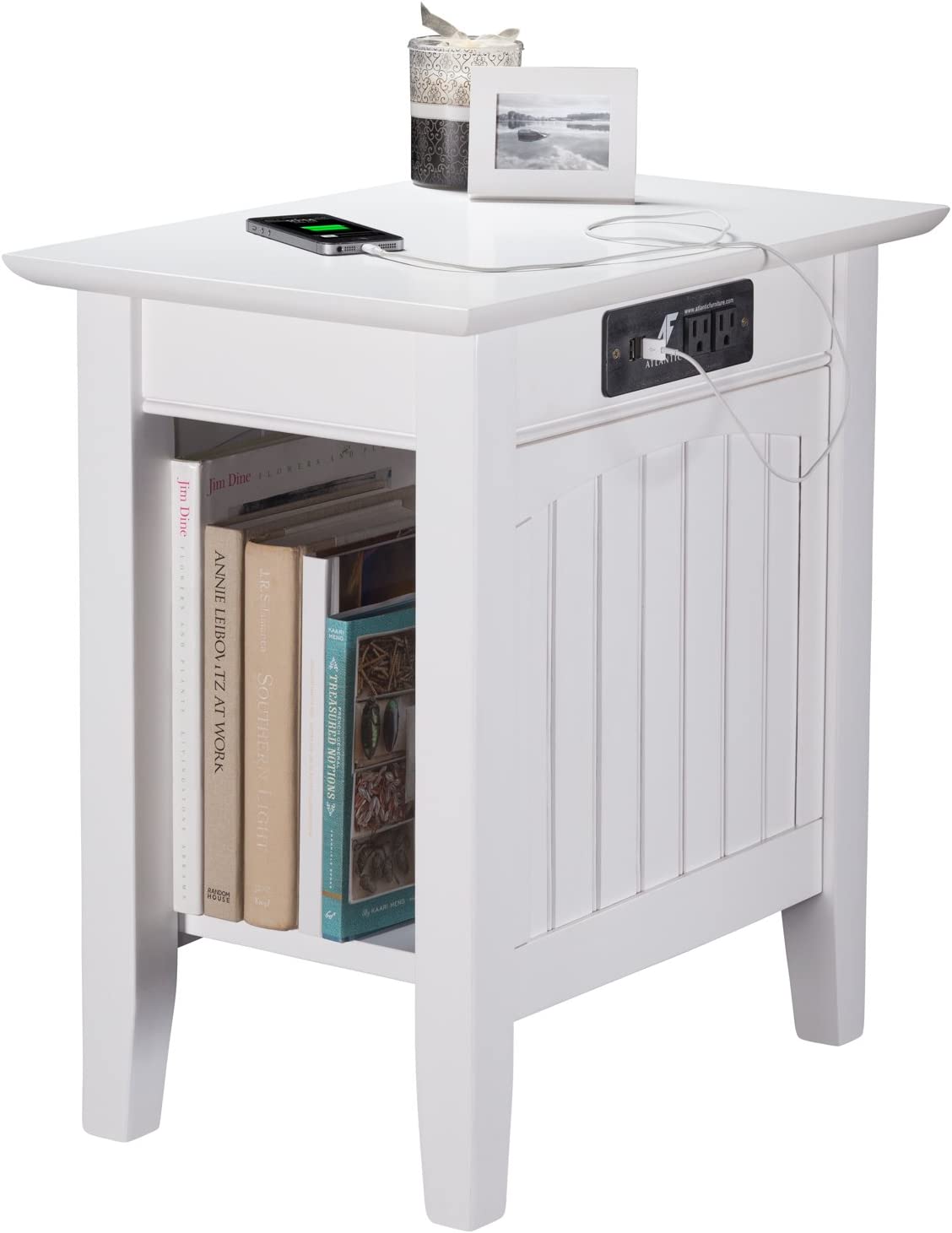 AFI Nantucket Chair Side Table with Charging Station, (22&#34; x 14&#34;), White