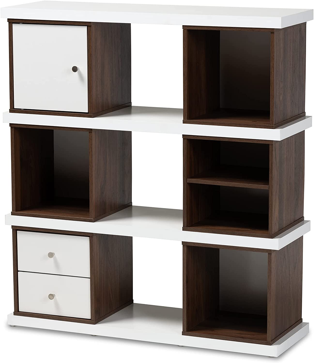 Baxton Studio Rune Modern and Contemporary Two-Tone White and Walnut Brown Finished 2-Drawer Bookcase