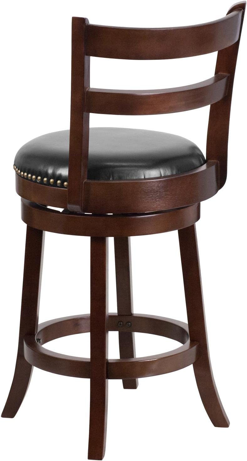 Flash Furniture 26&#39;&#39; High Cappuccino Wood Counter Height Stool with Single Slat Ladder Back and Black LeatherSoft Swivel Seat