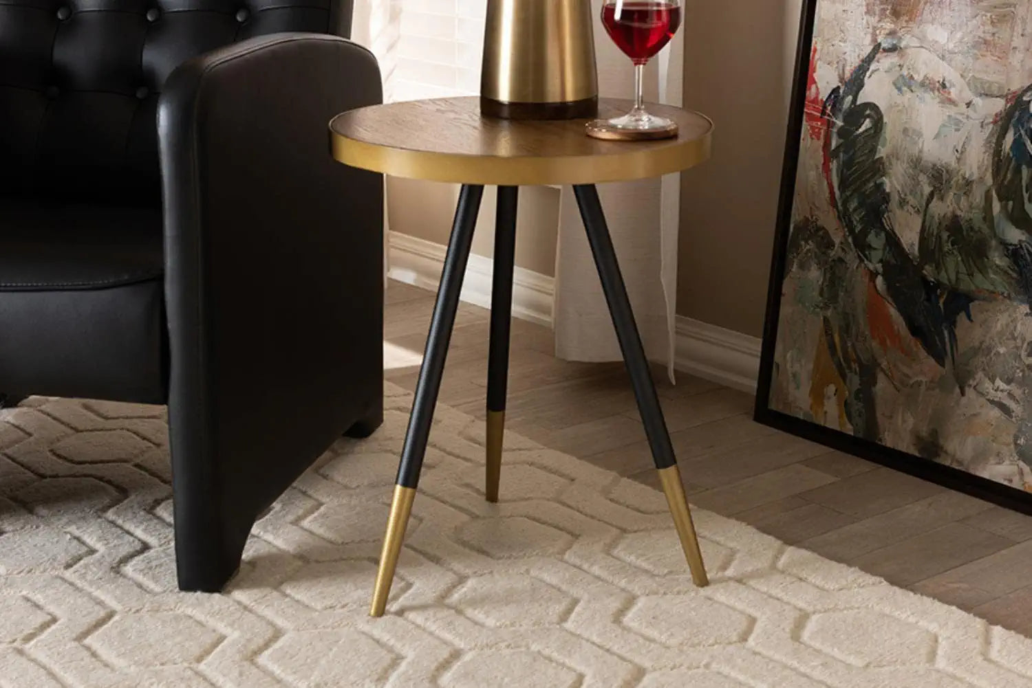 Baxton Studio Lauro Modern and Contemporary Round Walnut Wood and Metal End Table with Two-Tone Black and Gold Legs