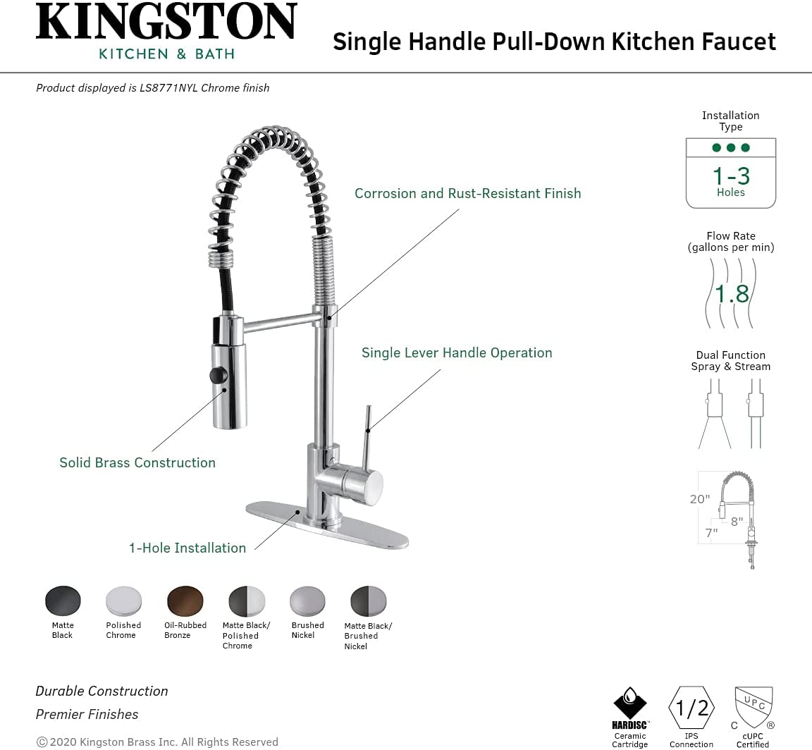 Kingston Brass LS8777NYL New York Pre-Rinse Kitchen Faucet, Matte Black/Polished Chrome