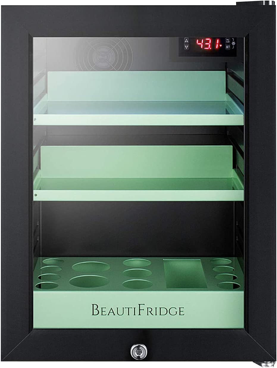 Summit Appliance LX114LG BeautiFridge Compact Cosmetics Cooler with Glass Door, Black; 0.85 cu.ft Capacity, Digital thermostat, Automatic defrost, Factory Installed Lock, Bottle Shelf, Removable Trays