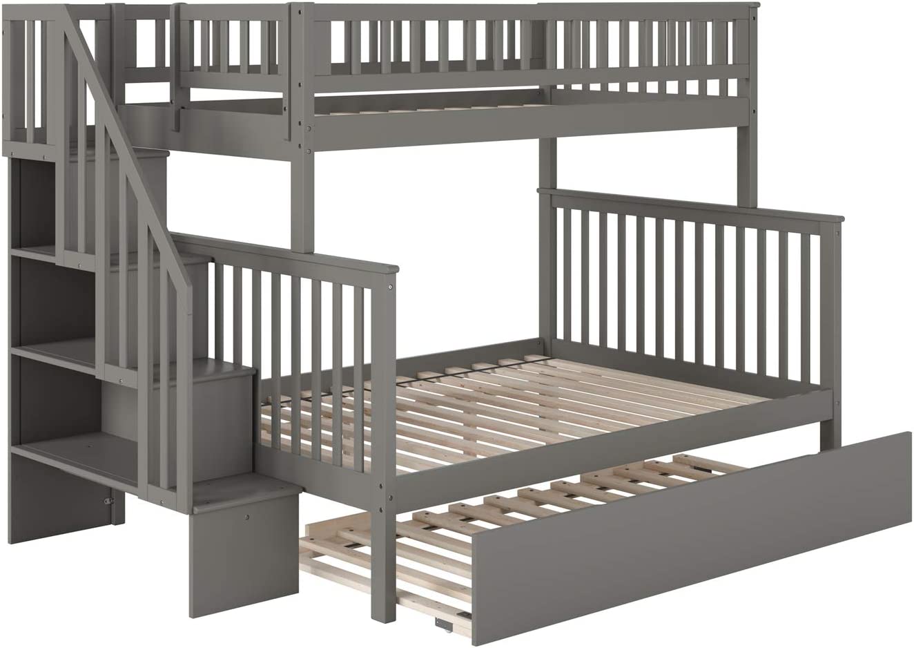 Atlantic Furniture Woodland Staircase Bunk Bed Twin Over Full with Twin Size Urban Trundle Bed in Grey