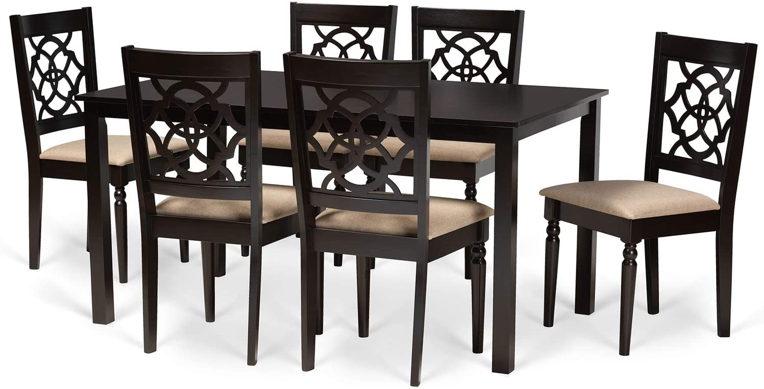 Baxton Studio Renaud Modern and Contemporary Sand Fabric Upholstered and Dark Brown Finished Wood 7-Piece Dining Set