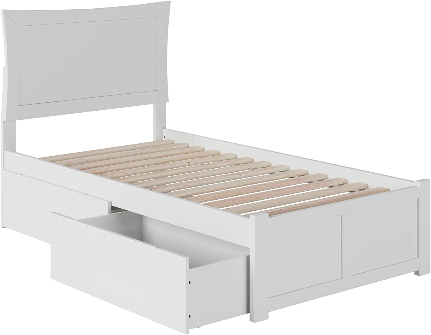 Metro Twin Extra Long Platform Bed with Flat Panel Footboard and Turbo Charger with Urban Bed Drawers in White