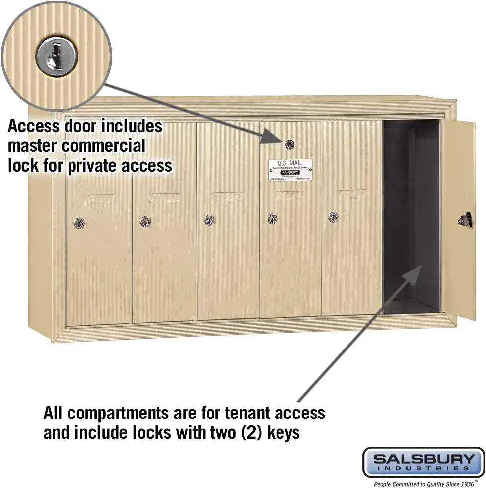 Salsbury Industries 3506SSP Surface Mounted Vertical Mailbox with Master Commercial Lock, Private Access and 6 Doors, Sandstone