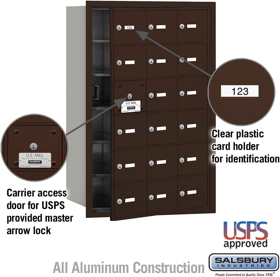 Salsbury Industries 3618ZFU 4B Plus Horizontal Mailbox, 18 A Doors 17 Usable, Front Loading, USPS Access, Bronze