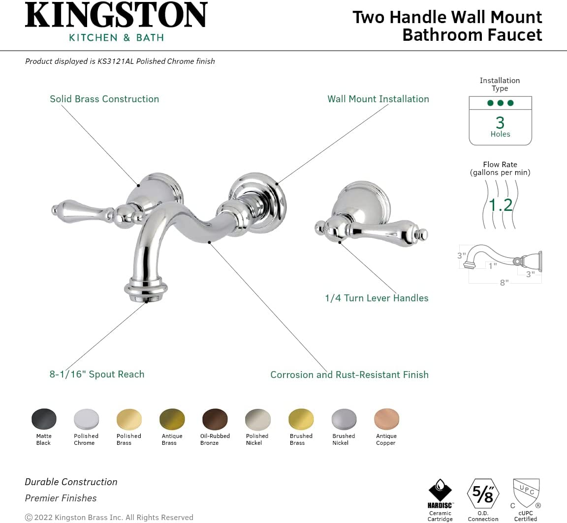 Kingston Brass KS3123AL 8-Inch Center Wall Mount Bathroom Faucet, Antique Brass