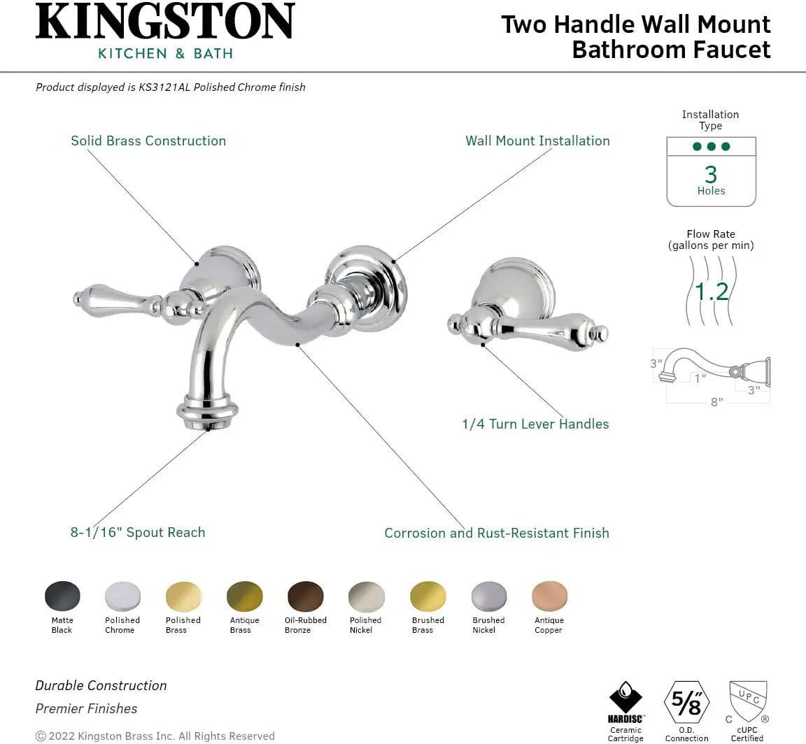 Kingston Brass KS3121AL Vintage Bathroom Faucet, 8-5/16 inch in Spout Reach, Polished Chrome
