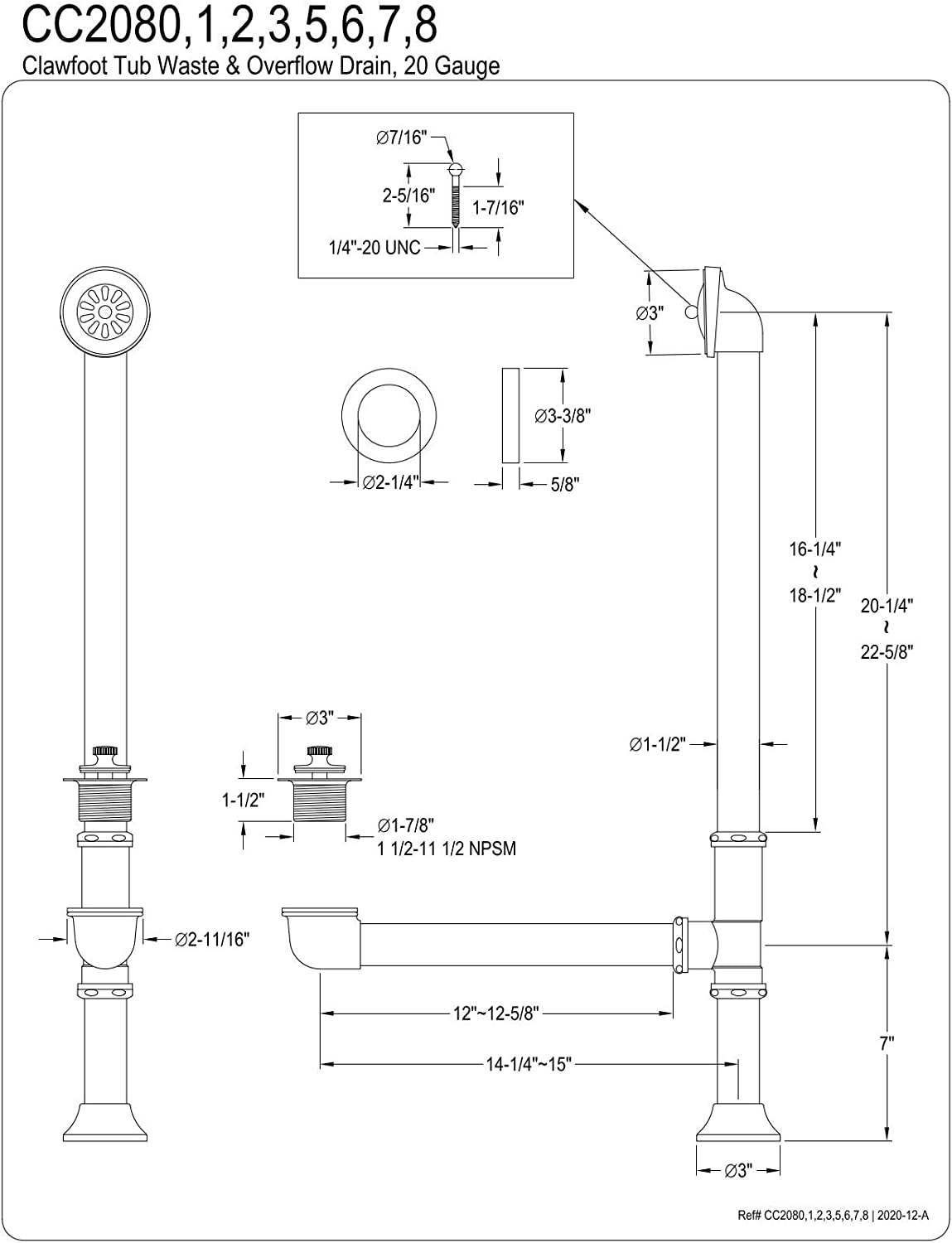 Kingston Brass CC2080 Vintage Clawfoot Tub Drain, 20-1/4&#34;~22-5/8&#34; x 7&#34; (L) x 3&#34; (W) x 14-1/4&#34;~5&#34; (H), Matte Black