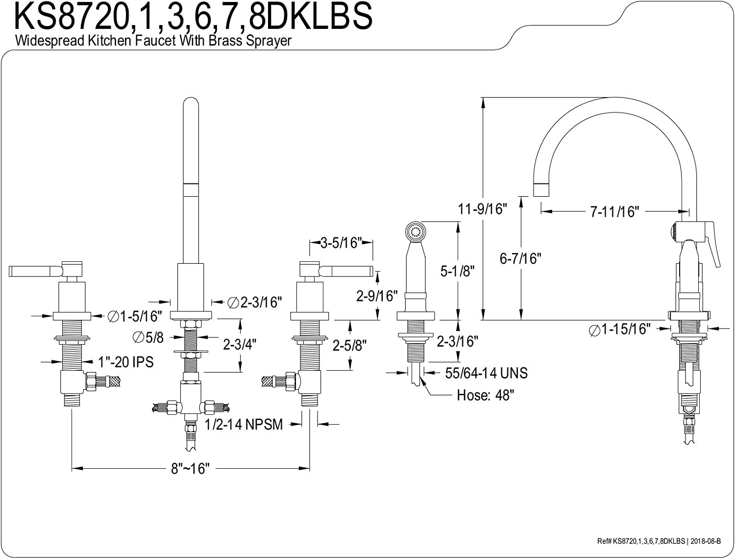 Kingston Brass KS8720DKLBS Kaiser Widespread Kitchen Faucet, Matte Black