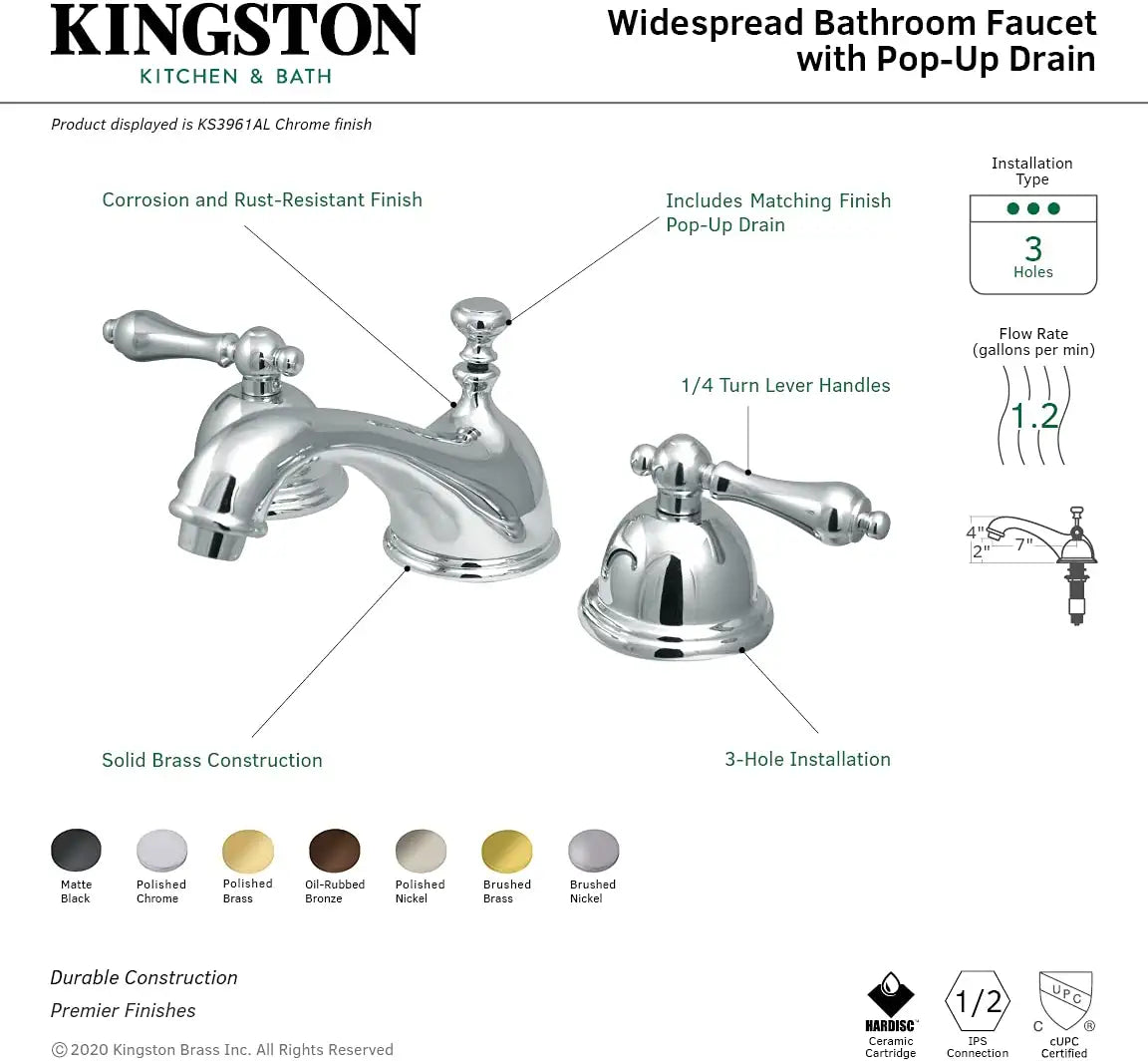 Kingston Brass KS3968AL Restoration Widespread Lavatory Faucet with Metal lever handle, Brushed Nickel