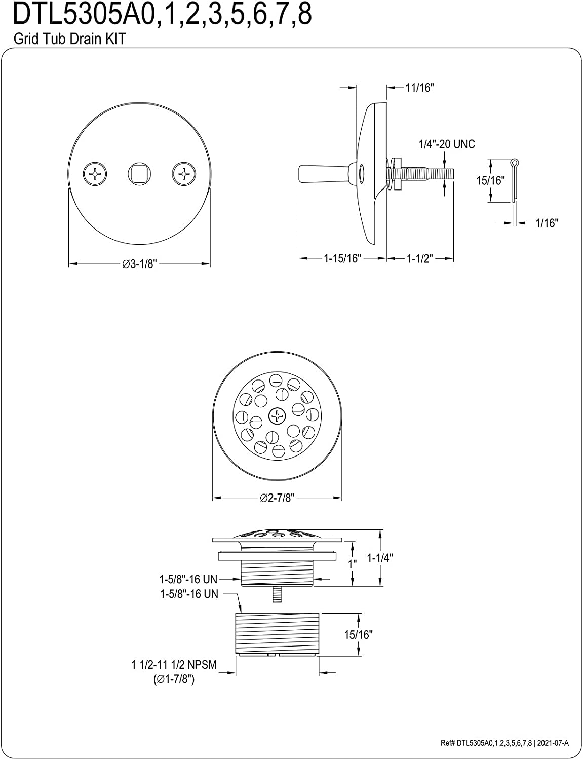 Kingston Brass DTL5305A7 Grid Tub Drain Kit, Brushed Brass