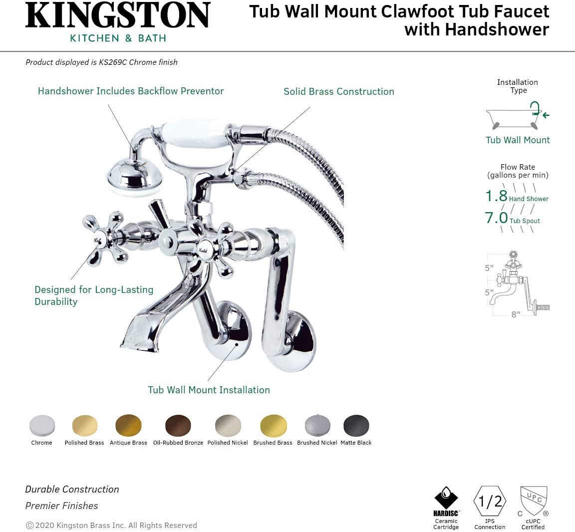 Kingston Brass KS269PN Kingston Clawfoot Tub Faucet, 4-5/8&#34; x 4-5/16&#34; (L) x 6-9/16&#34; (W) x 7-7/8&#34; (H), Polished Nickel