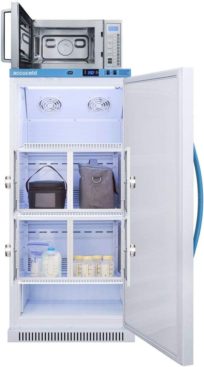 AccuCold MLRS8MCLK-SCM1000SS 24 MOMCUBE Breast Milk Refrigerator and Microwave Combination with 8 cu. ft. Capacity Refrigerator 0.9 cu. ft. Capacity Microwave and Four Individual Lockers in White