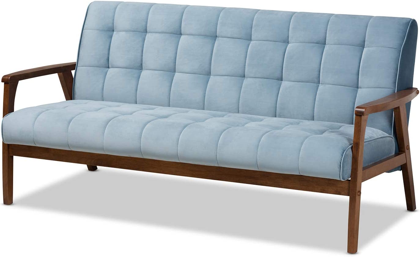 Baxton Studio Asta Mid-Century Modern Light Blue Velvet Fabric Upholstered Walnut Finished Wood Sofa