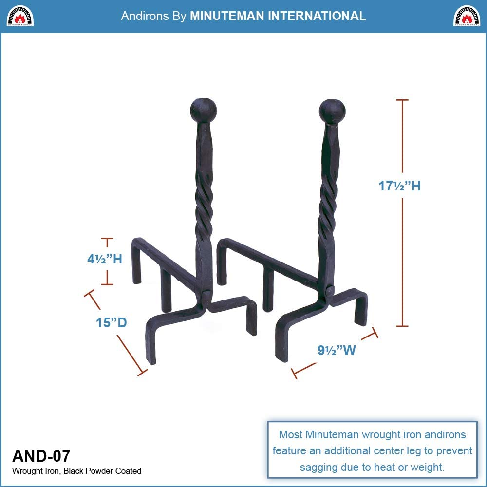 Minuteman International Ball End Wrought Iron Fireplace andirons Pair, Black