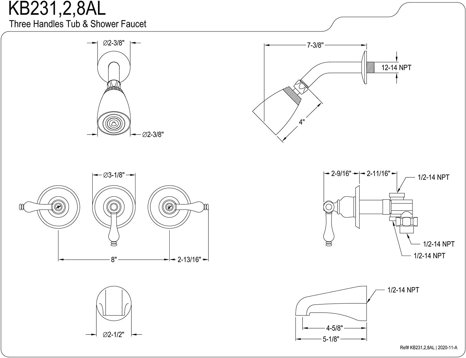 Kingston Brass KB238AL Tub and Shower Faucet with 3-Lever Handles, Satin Nickel,5-Inch Spout Reach