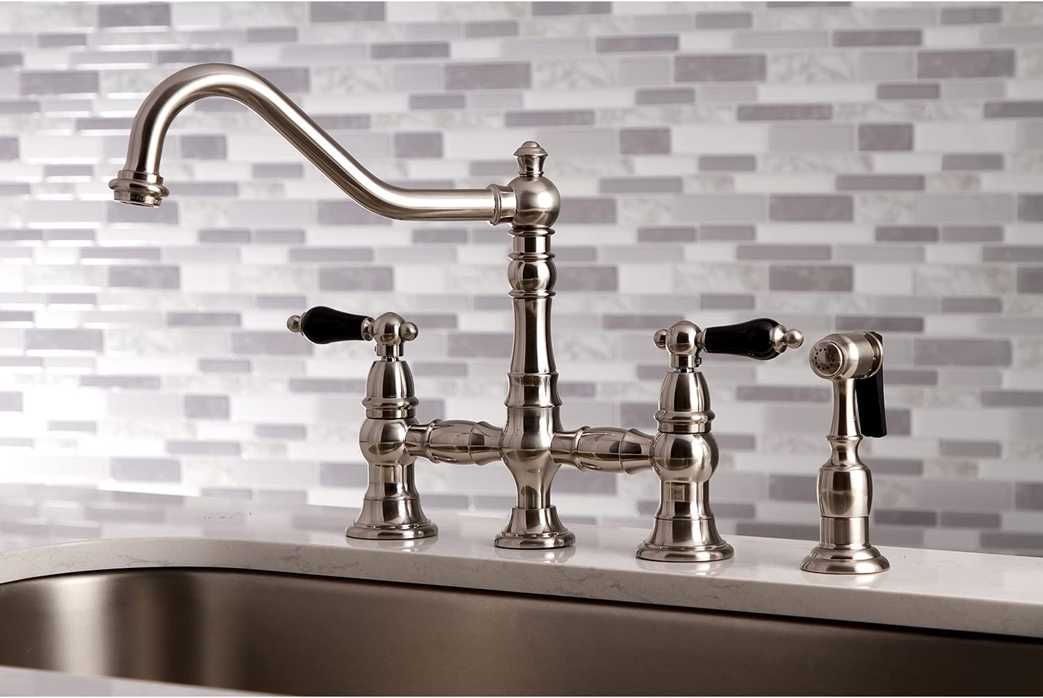 Kingston Brass KS3278PKLBS Duchess Bridge Kitchen Faucet, Brushed Nickel