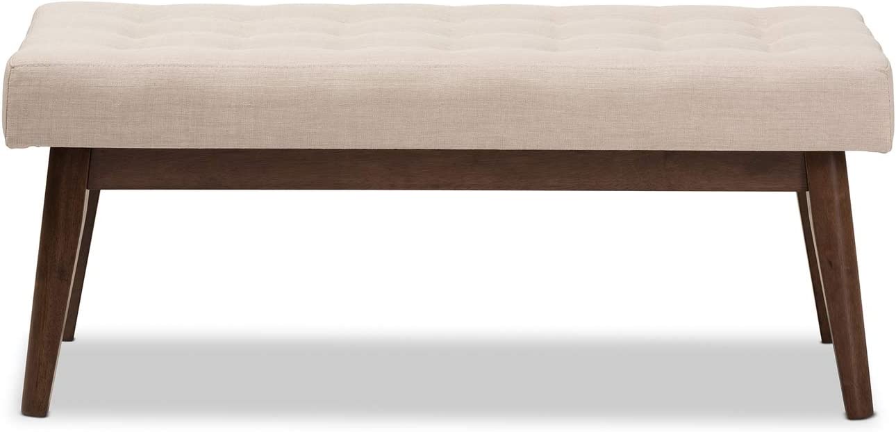 Baxton Studio Elia Mid-Century Modern Walnut Wood Light Beige Fabric Button-Tufted Bench/Mid-Century/Light Beige/Walnut Brown/Fabric Polyester 100%&#34;/Rubber Wood