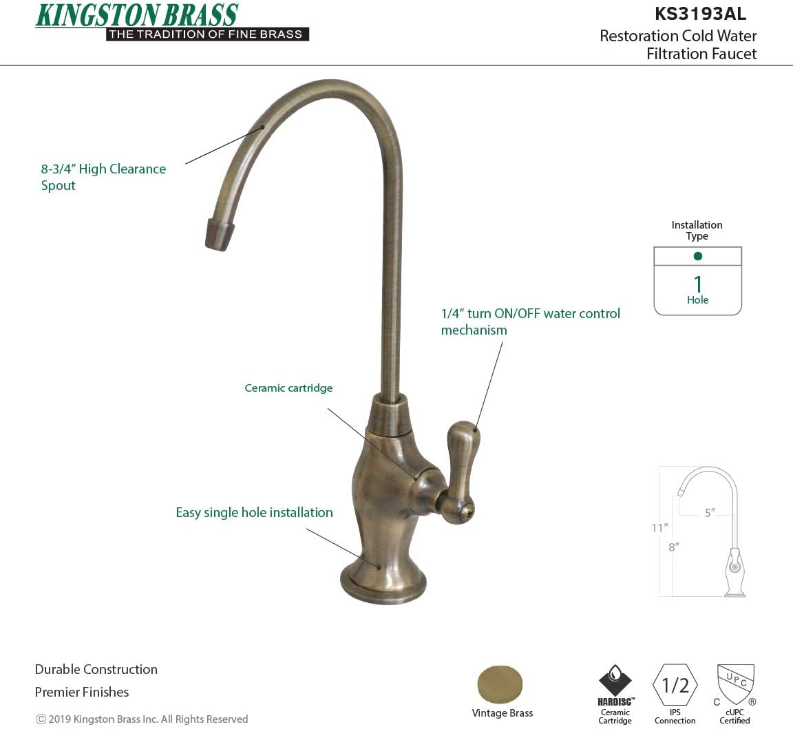 Kingston Brass KS3193AL Restoration Single Handle Water Filtration Faucet, Antique Brass