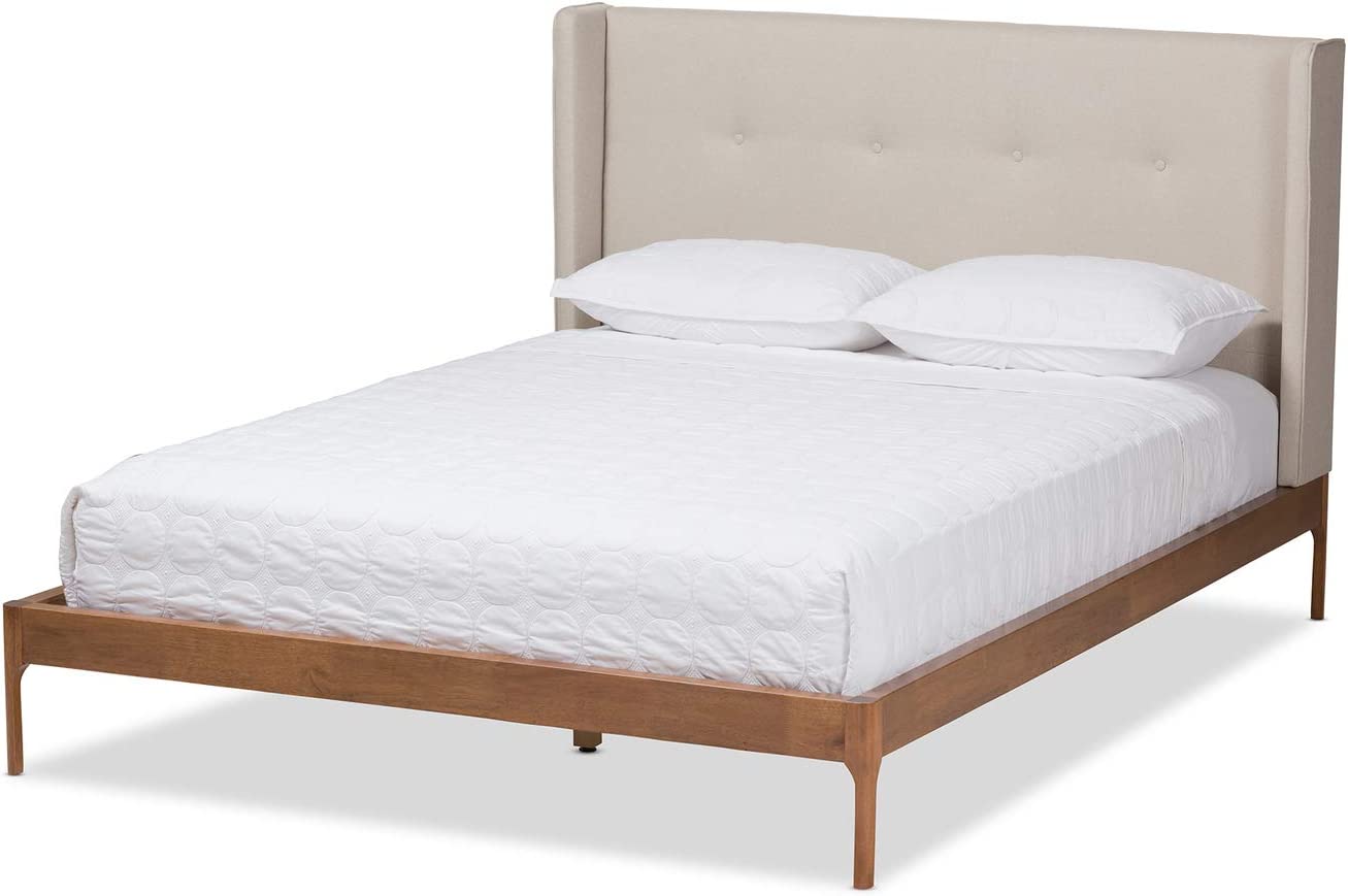 Baxton Studio Brooklyn Mid-Century Modern Walnut Wood Beige Fabric Full Size Platform Bed/Light Beige/Mid-Century/Fabric Polyester 100%&#34;/MDF/LVL/Rubber Wood/Foam