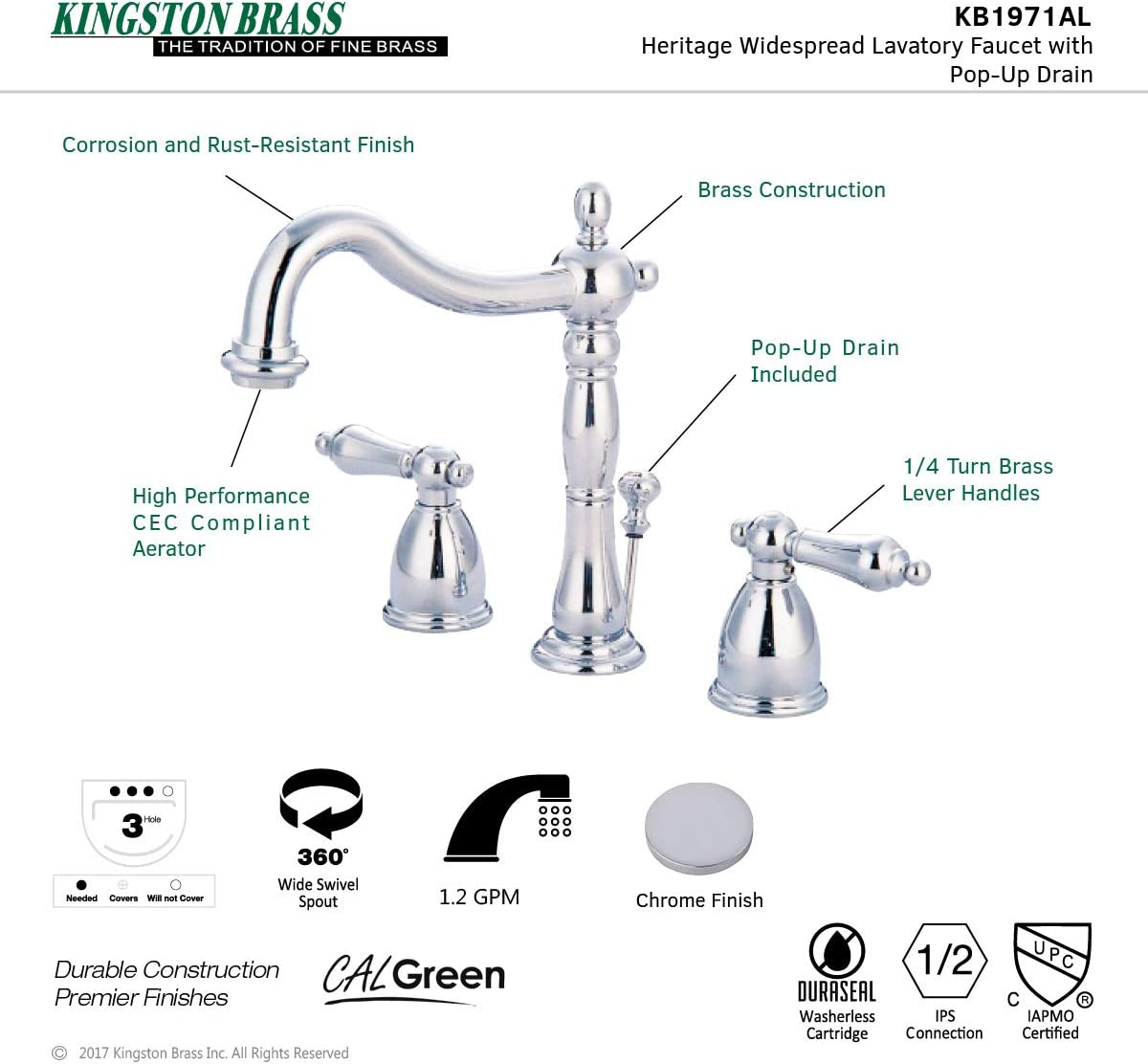 Kingston Brass KB1971AL Heritage Widespread Lavatory Faucet, Polished Chrome