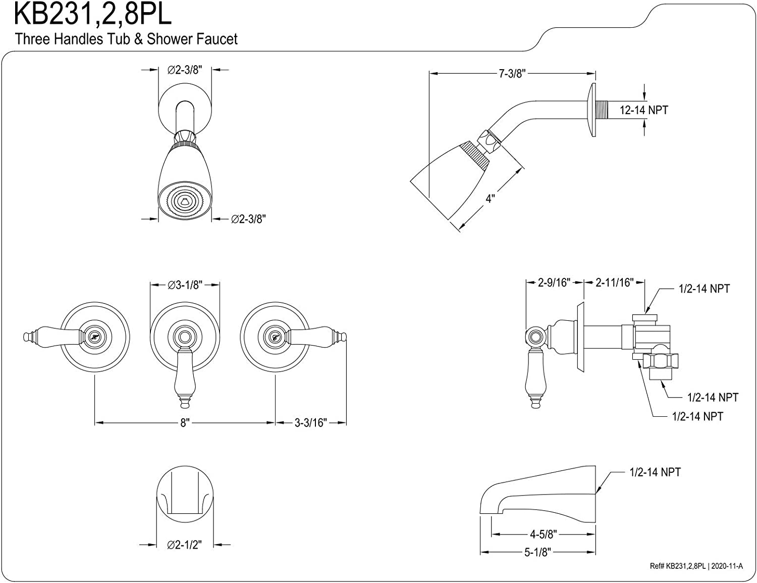 Kingston Brass KB231PL Tub and Shower Faucet with 3-Porcelain Lever Handle, Polished Chrome,5-Inch Spout Reach