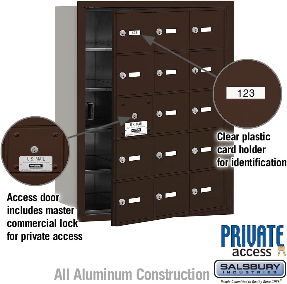 Salsbury Industries 3615ZFP 4B Plus Horizontal Mailbox with Master Commercial Lock, 15 A Doors 14 Usable, Front Loading, Private Access, Bronze