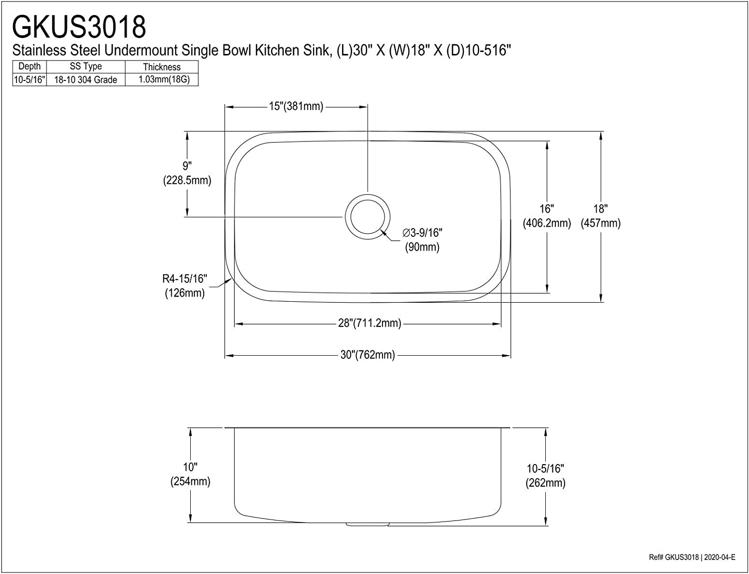 Kingston Brass Gourmetier GKUS3018 Undermount Single Bowl Kitchen Sink 30-Inch-Length by 18-Inch-Width by 10-Inch-Depth, 18 Gauge, Brushed Stainless Steel