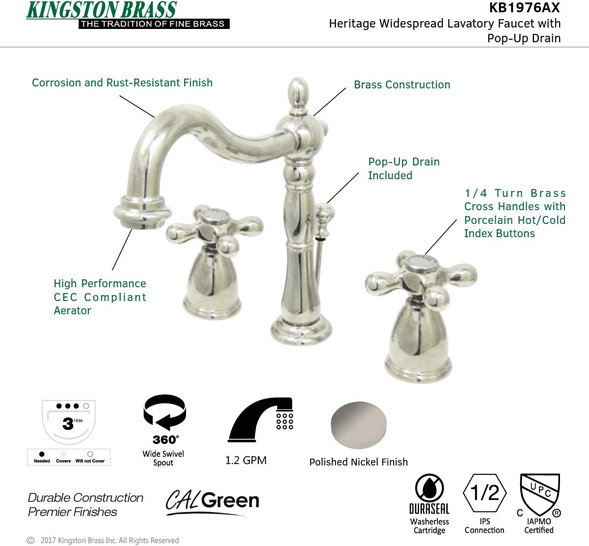 Kingston Brass KB1973AX 8 in. Widespread Bathroom Faucet, Antique Brass