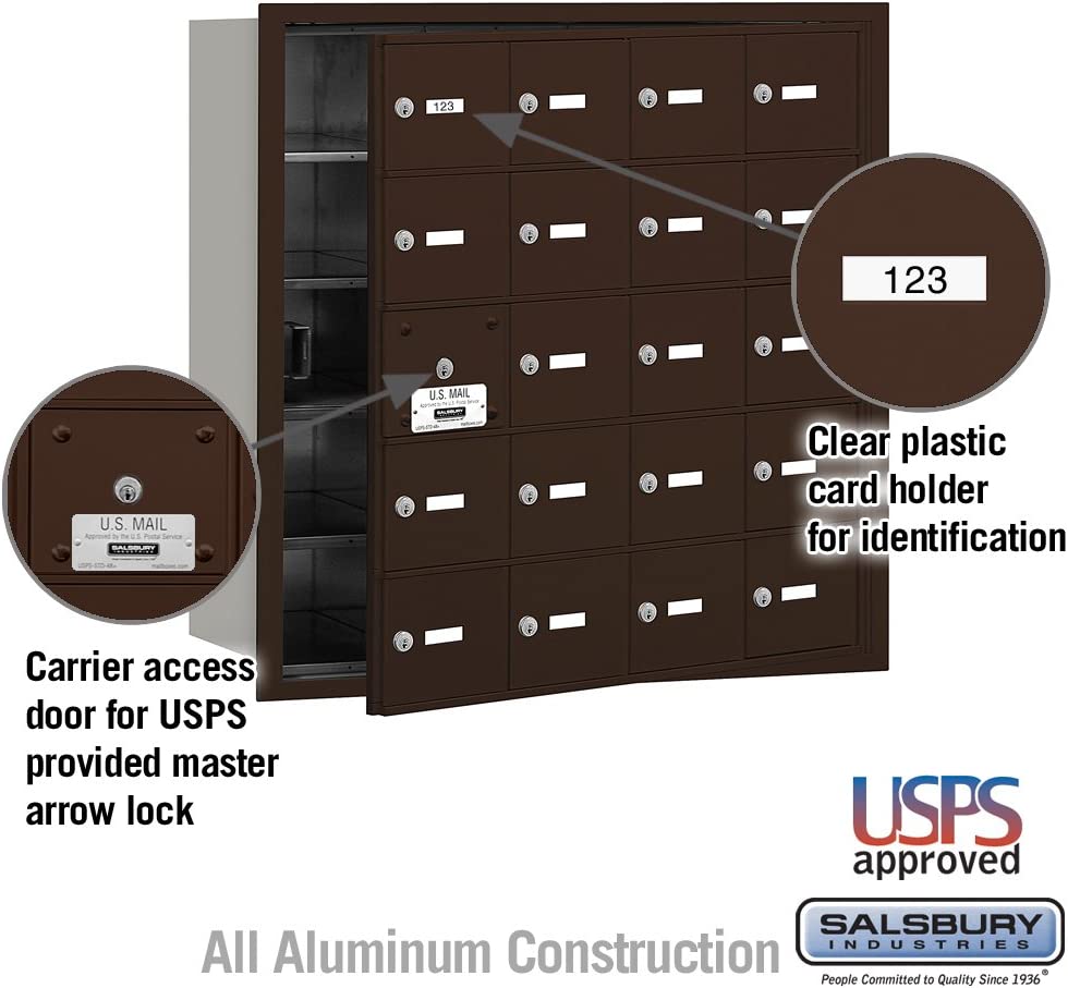 Salsbury Industries 3620ZFU 4B Plus Horizontal Mailbox, 20 A Doors 19 Usable, Front Loading, USPS Access, Bronze