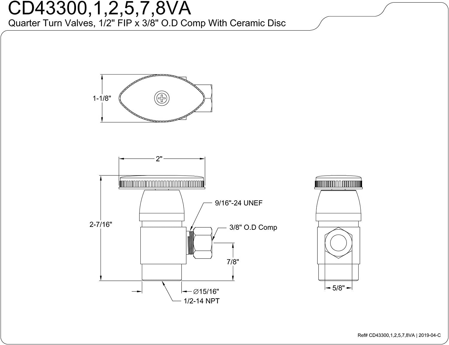 Kingston Brass CD43307VA Americana 1/2&#34;IPS x 3/8&#34;O.D. Anti-Seize Deluxe Quarter Turn Ceramic Hardisc Cartridge Angle Stop, Brushed Brass