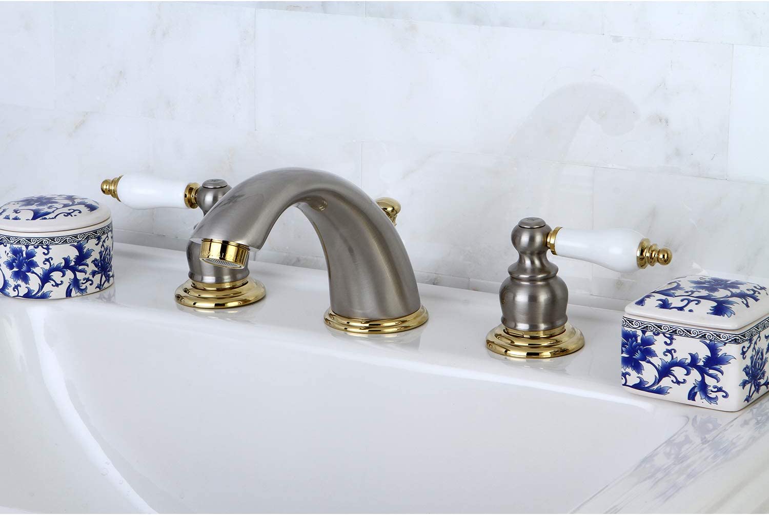 Kingston Brass KB974B Victorian Widespread Bathroom Faucet, 8-Inch Adjustable Center, Polished Chrome/Polished Brass
