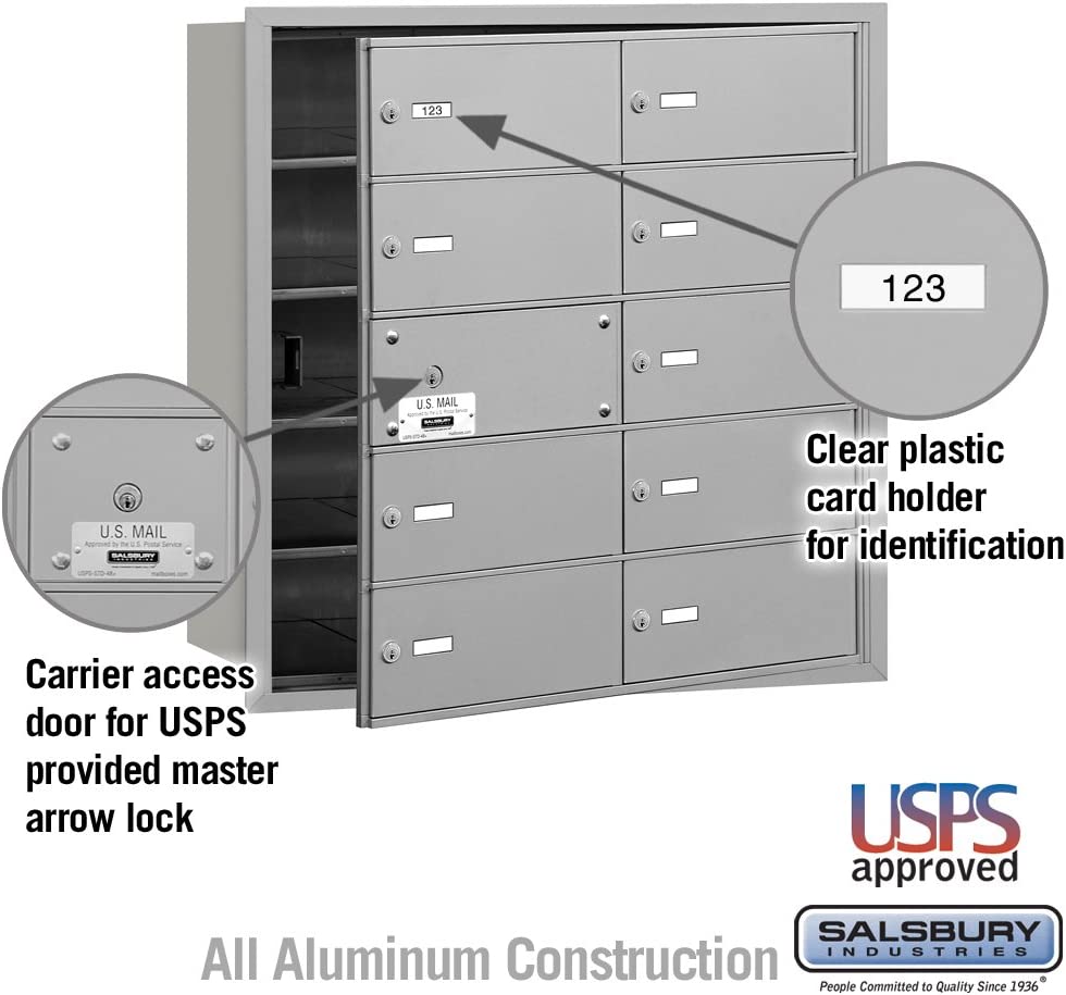 Salsbury Industries 3610AFU 4B Plus Horizontal Mailbox, 10 B Doors 9 Usable, Front Loading, USPS Access, Aluminum