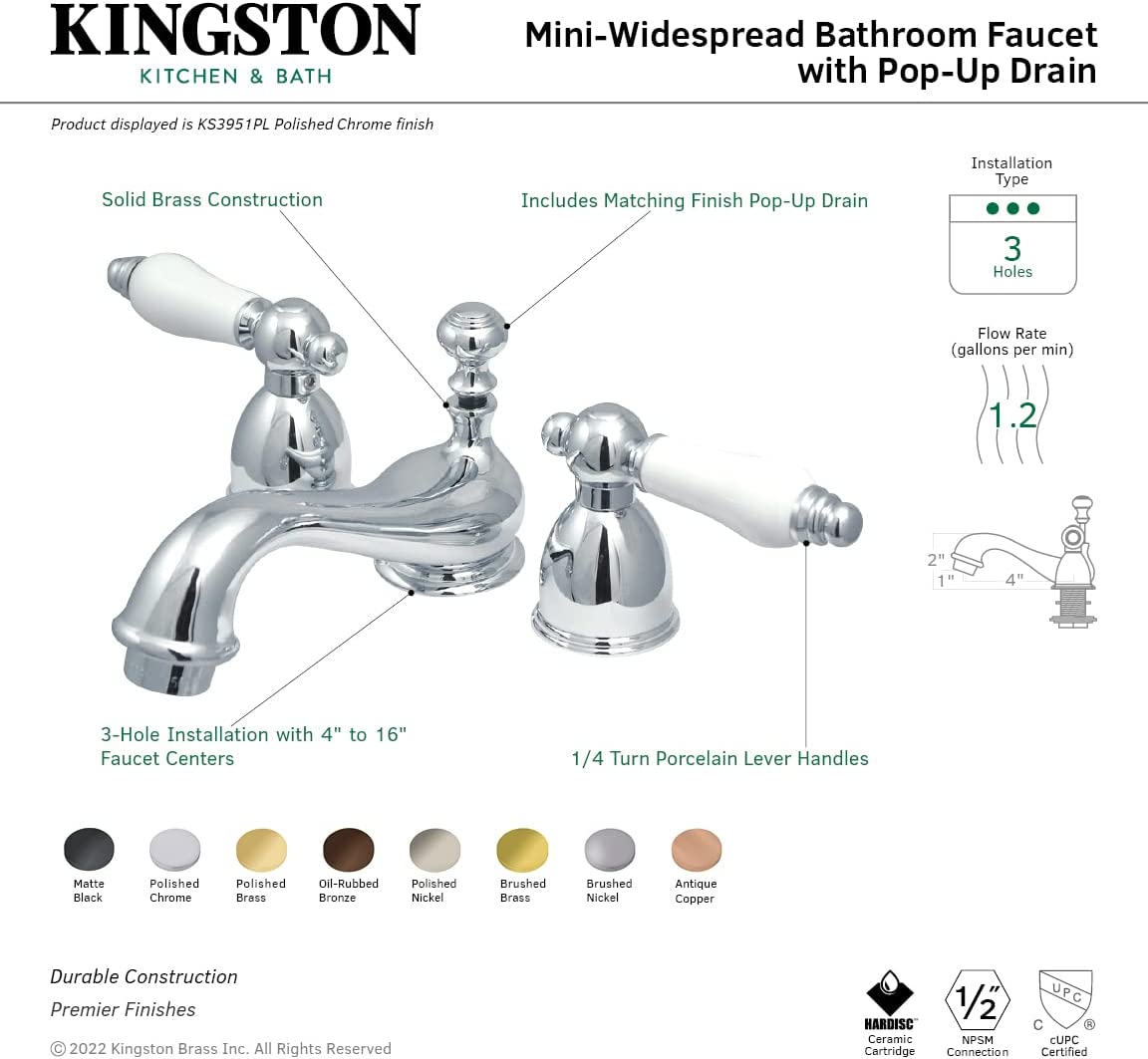 Kingston Brass KS3958PL Restoration Mini Widespread Lavatory Faucet with Porcelain Lever Handle, Brushed Nickel