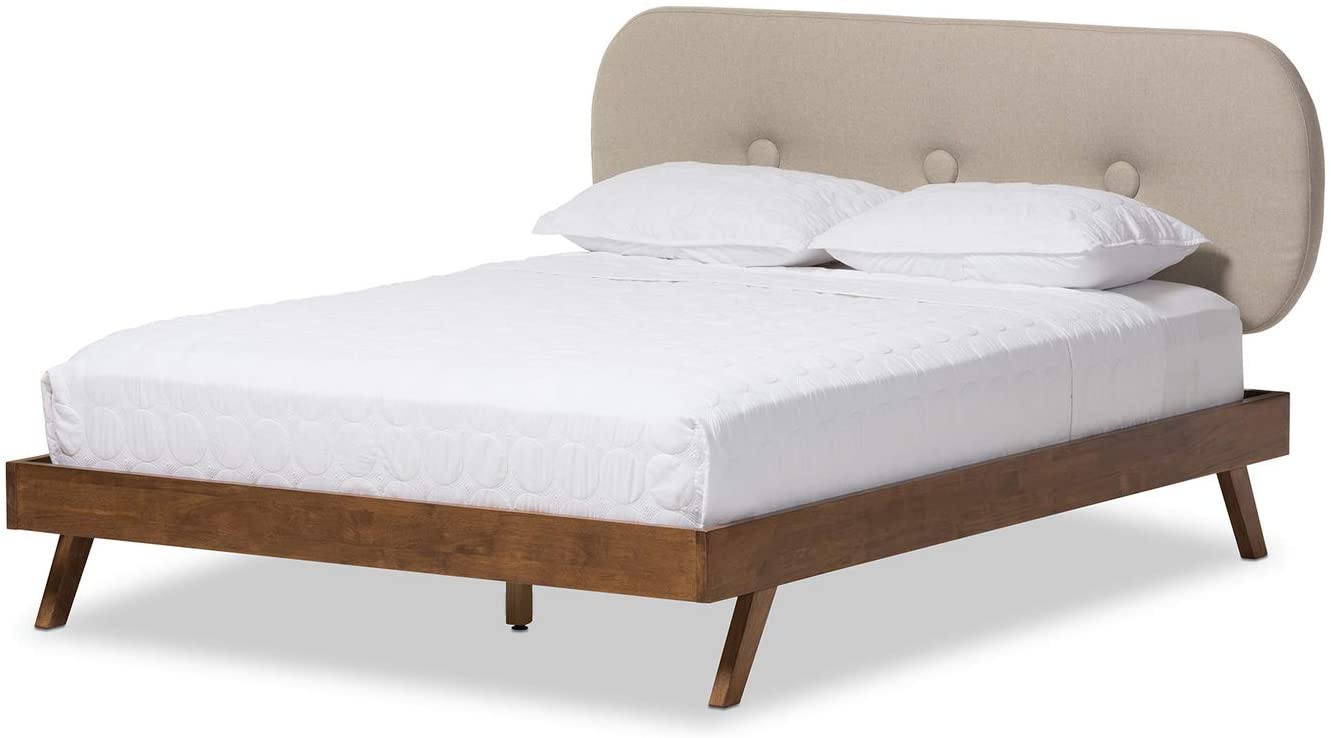 Baxton Studio Penelope Mid-Century Modern Solid Walnut Wood Light Beige Fabric Upholstered Queen Size Platform Bed