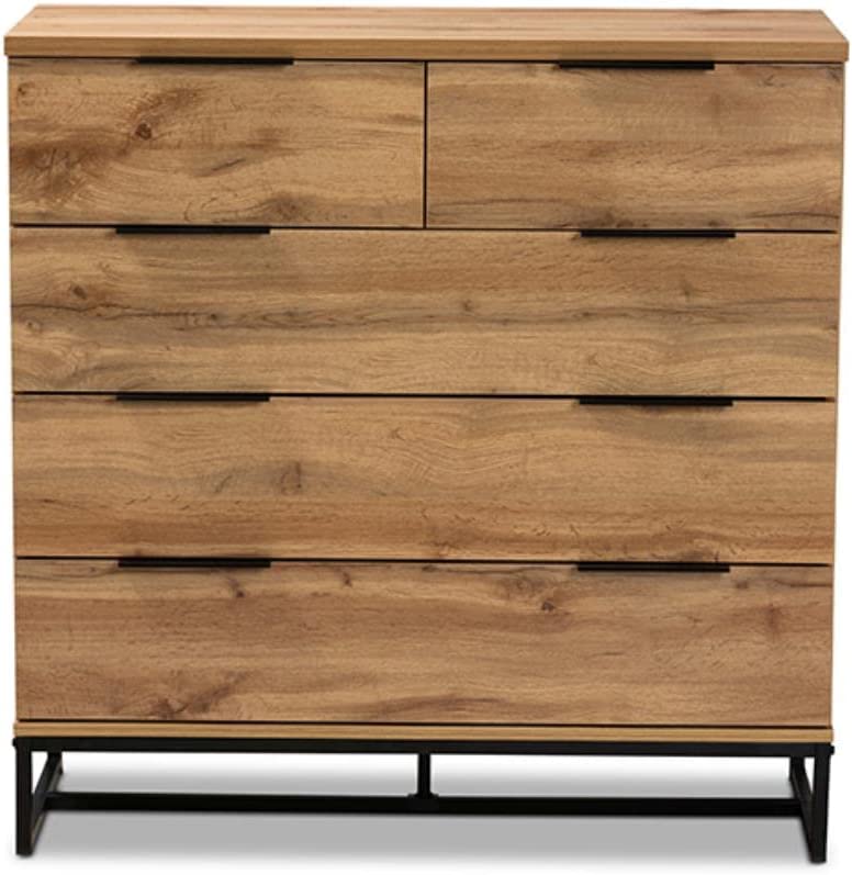 Baxton Studio Franklin Modern and Contemporary Oak Finished Wood and Black Finished Metal 5-Drawer Bedroom Chest