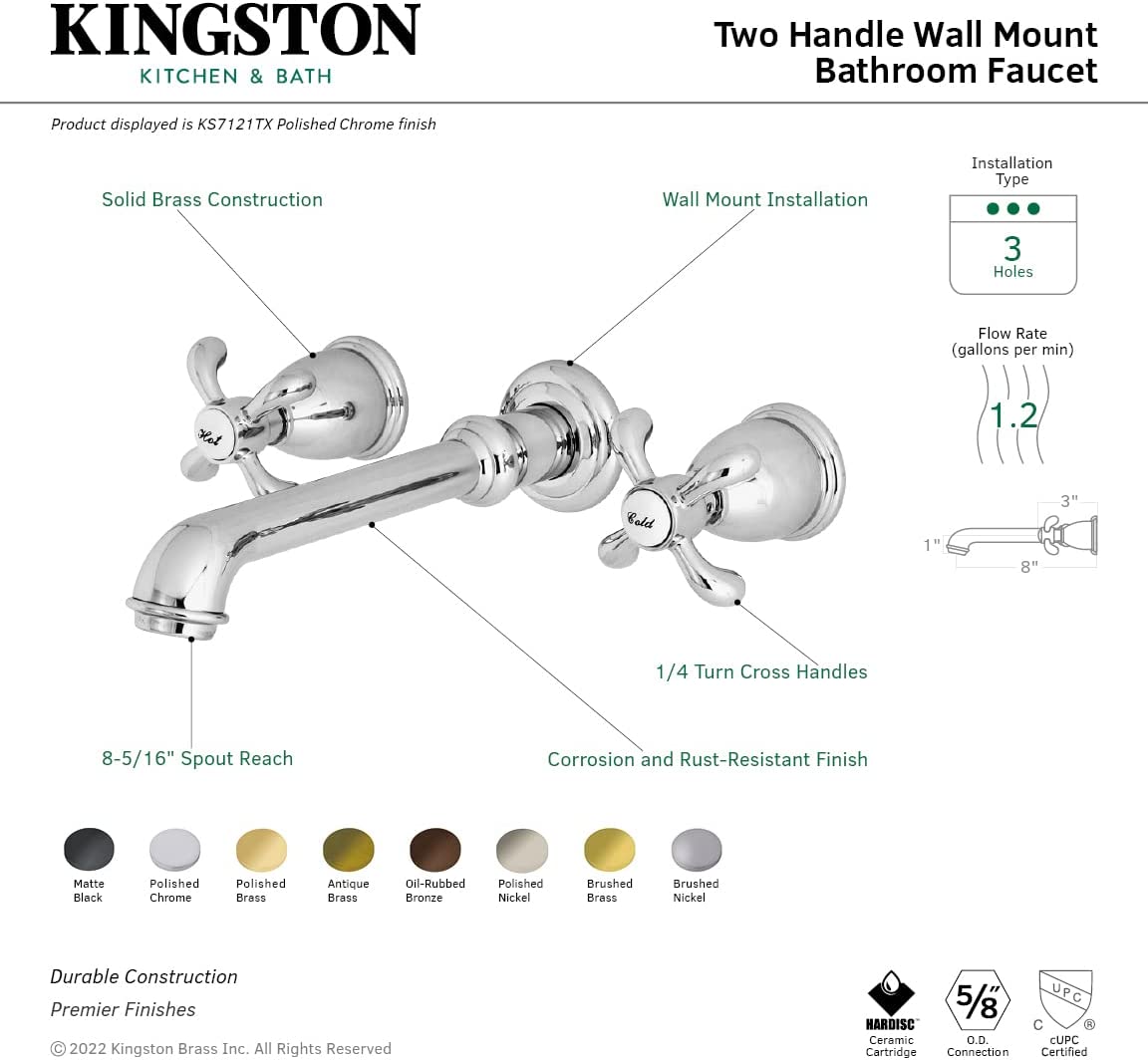 Kingston Brass KS7123TX 8-Inch Center Wall Mount Bathroom Faucet, Antique Brass