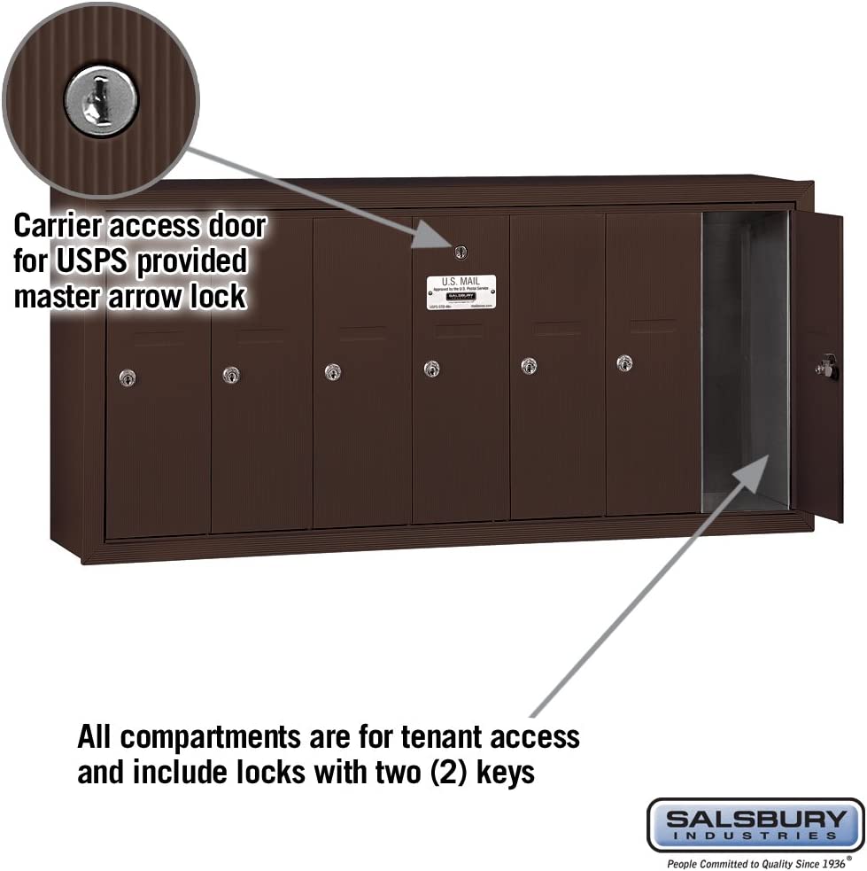 Salsbury Industries 3507ZSU Surface Mounted Vertical Mailbox with USPS Access and 7 Doors, Bronze