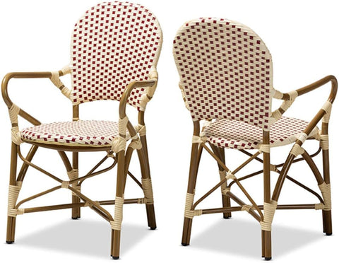 Baxton Studio Seva Classic French Indoor and Outdoor Beige and Red Bamboo Style Stackable Bistro Dining Chair Set of 2