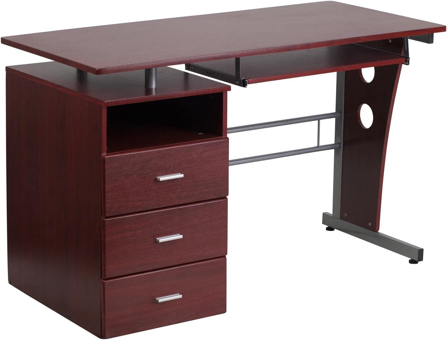 Flash Furniture Mahogany Desk with Three Drawer Pedestal and Pull-Out Keyboard Tray