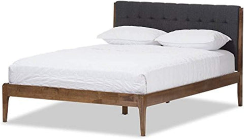 Baxton Studio Clifford Mid-Century Dark Grey Fabric and Medium Brown Finish Wood Queen Size Platform Bed